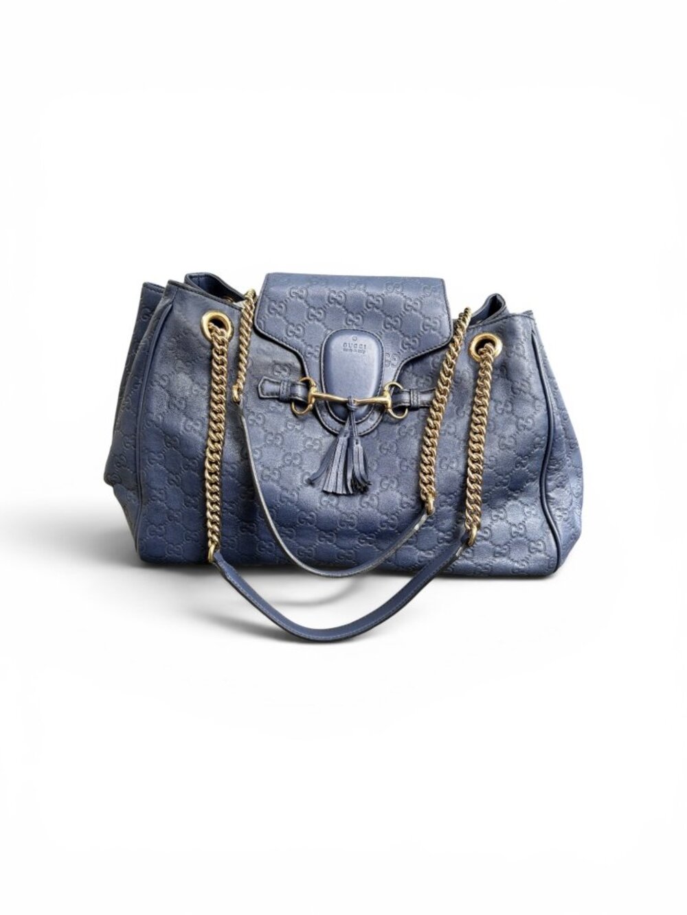 GUCCI Guccissima GG Monogram Leather Emily Navy Blue Hobo Chain Link Flap Bag - Picture 15 of 16
